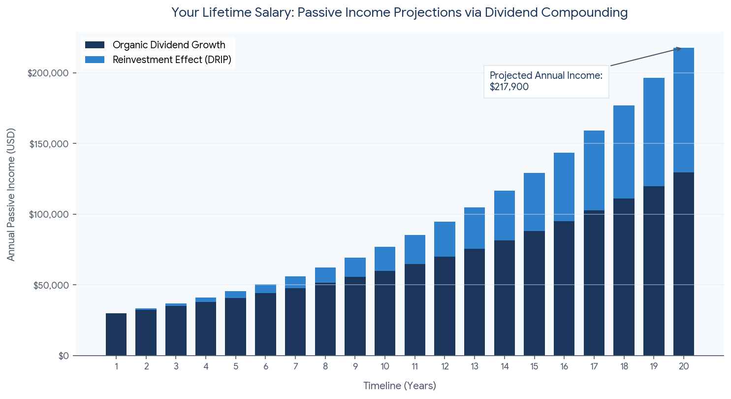 A 20-year financial chart illustrating passive income projections via dividend compounding, highlighting the difference between organic dividend growth and the DRIP reinvestment effect for a one million dollar investment account, utilized by financial advisor Daniel Gould of Three Streams Financial in Overland Park, KS.