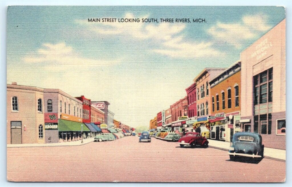 Vintage postcard of downtown Three Rivers, MI representing the values of Daniel Gould Investment Advisor
