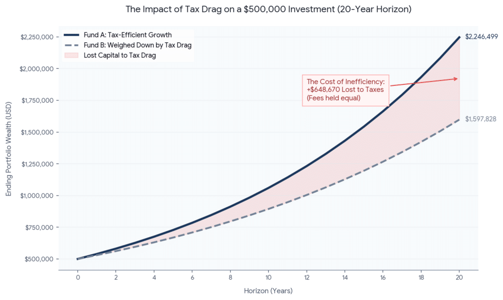 Graph showing the effects of tax-cost ratio "tax drag" on two funds with vastly different ratios