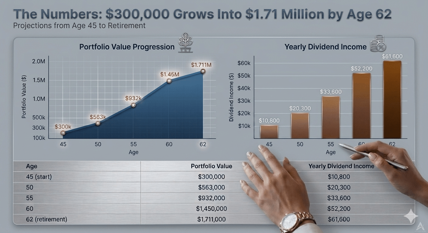 Graph showing the steady growth of a $300k dividend growth portfolio over a 17 year period representing Daniel Gould, Investment Advisor in Kansas