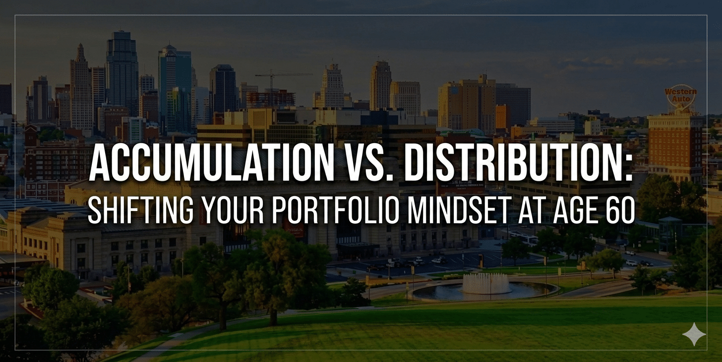 Kansas City skyline background with dark overlay featuring text Accumulation vs Distribution Shifting Your Portfolio Mindset at Age 60 for Overland Park retirement planning