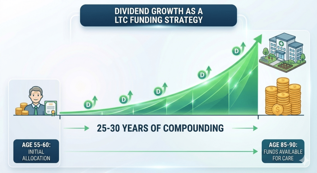 A 25 to 30 year financial compounding timeline diagram illustrating a rising dividend-income curve transitioning initial asset allocations into a dedicated healthcare care reserve for ages 85 to 90.