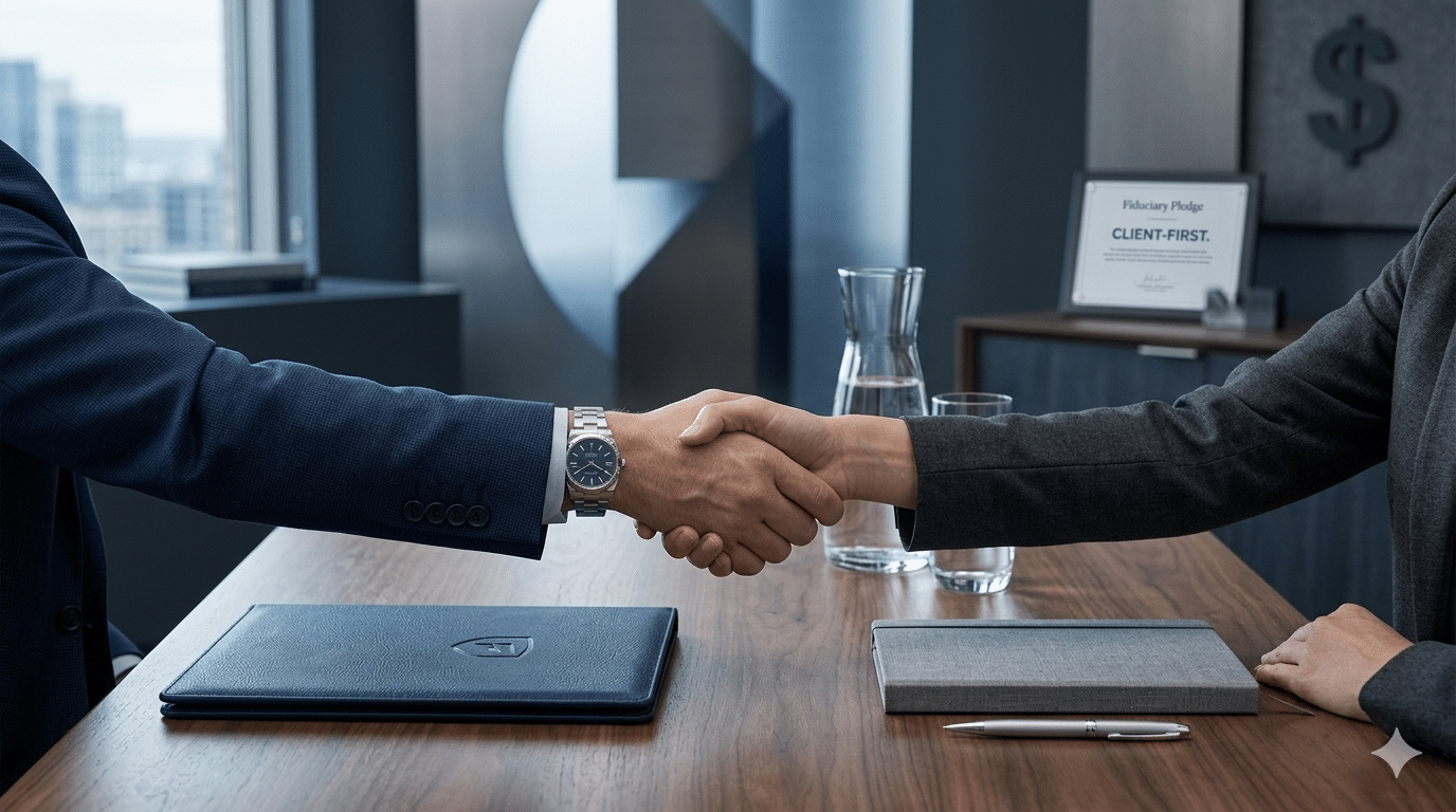 An understated, professional close-up of a client and a fiduciary wealth advisor shaking hands over an asset report during a financial planning consultation meeting.