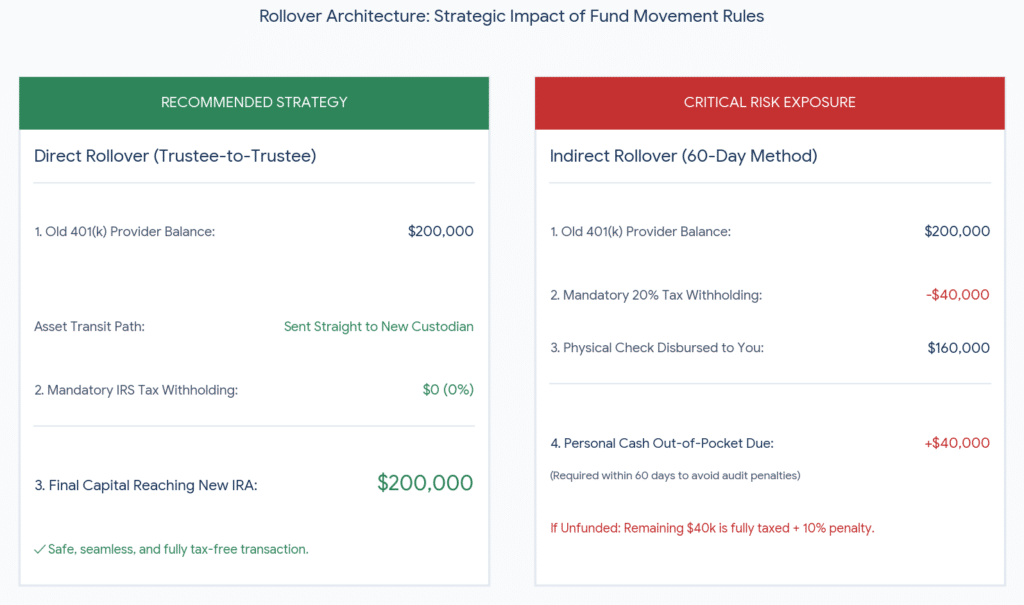 Comparison chart showing the right vs wrong way to transfer a 401k to avoid penalties