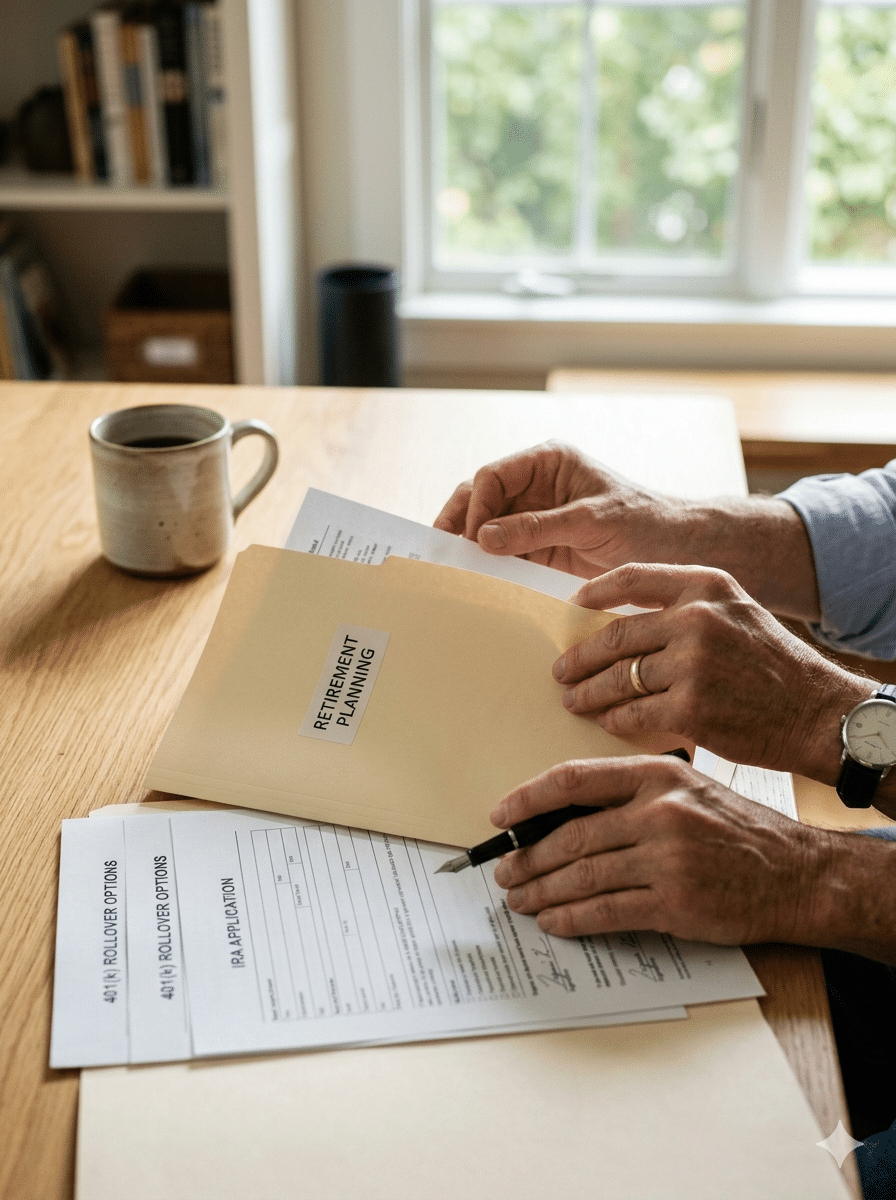 A person's hands at a desk, holding/reviewing a folder or documents with subtle references to "401(k)" and "IRA" paperwork, a pen, and a cup of coffee, with soft natural window light.