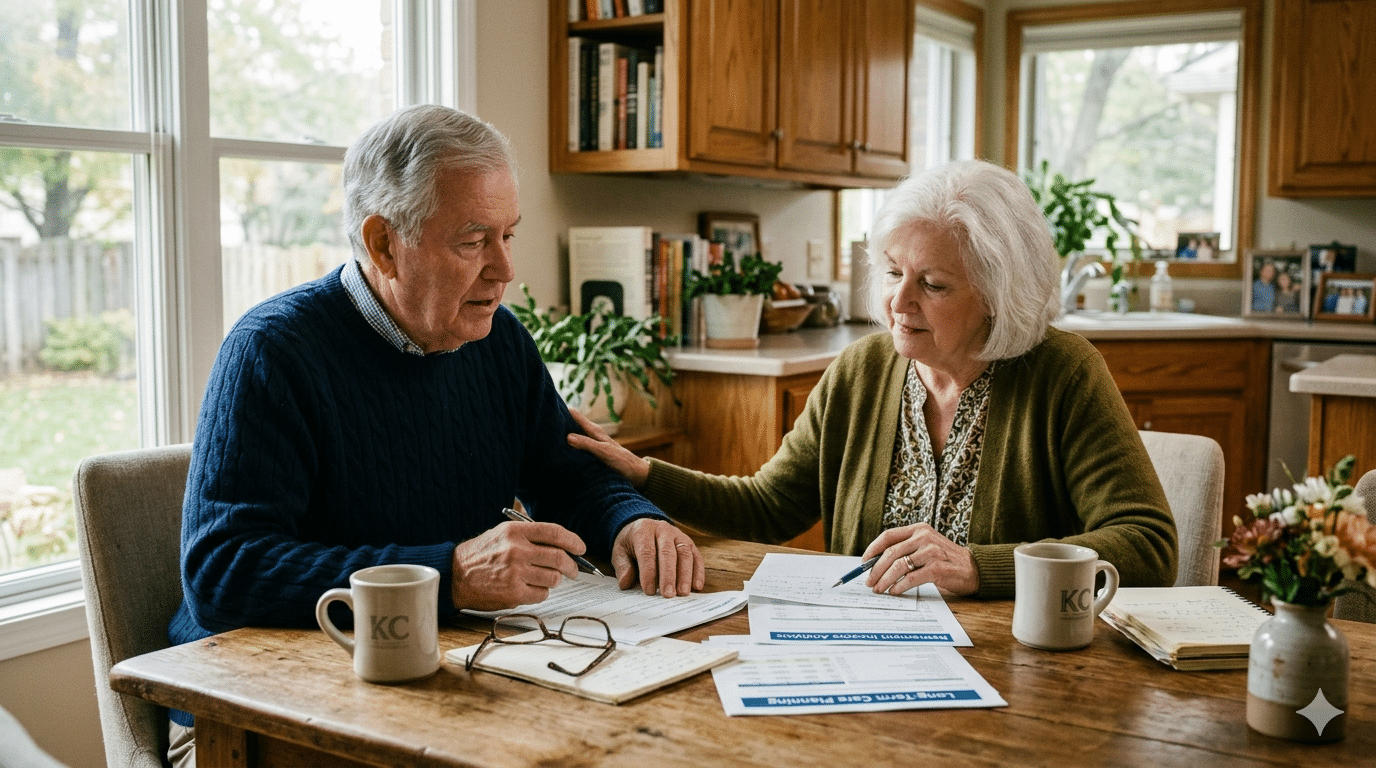 An older couple in a brightly lit kitchen calmly reviewing financial documents, illustrating proactive family wealth strategies and long-term care planning conversations for Kansas City pre-retirees.
