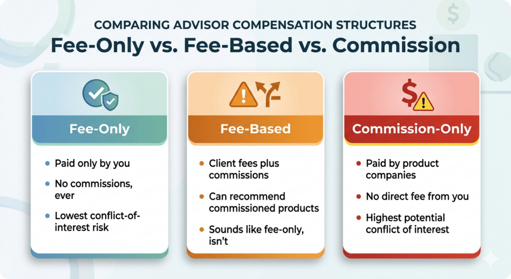 Advisor compensation disclosure graphic utilized by Kansas City fee-only fiduciary Daniel Gould to help high-net-worth investors audit hidden broker fees and product commissions.
