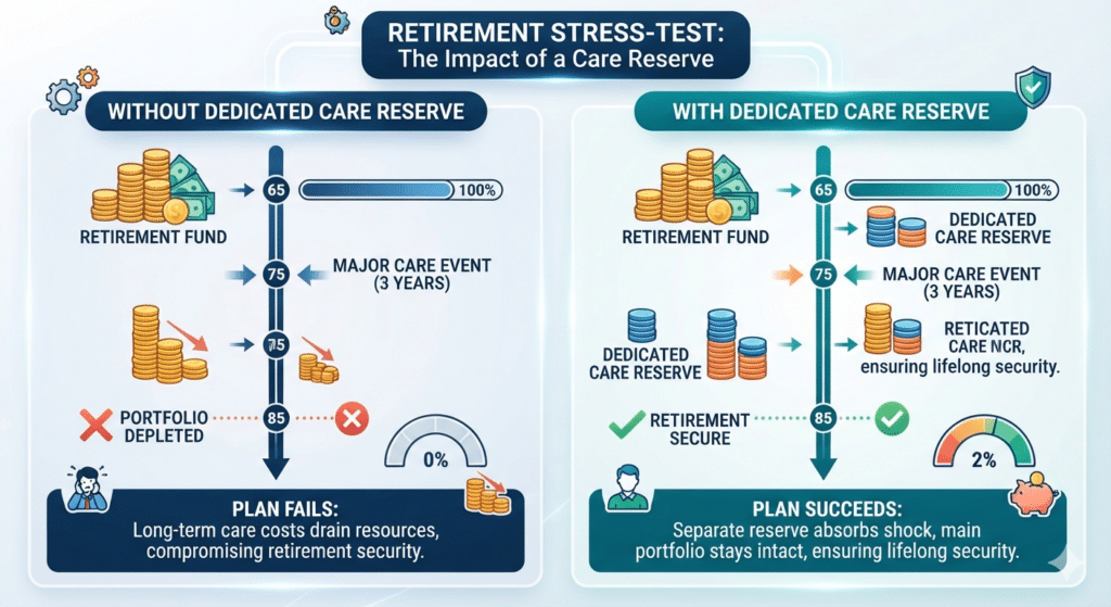 A side-by-side financial stress-test diagram comparing a traditional retirement portfolio depleted by a 3-year care event against a secure portfolio plan insulated by a dedicated care reserve.