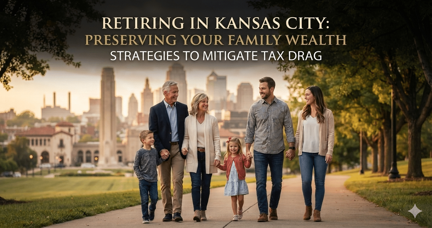 A multi-generational Kansas City family smiling together outdoors, representing secure retirement tax strategies and wealth protection from tax drag.
