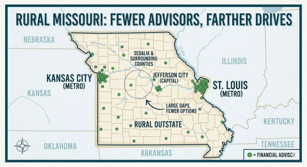 A stylized data visualization map of Missouri contrasting sparse advisor dots across Sedalia and rural counties against dense clusters in Kansas City and St. Louis.