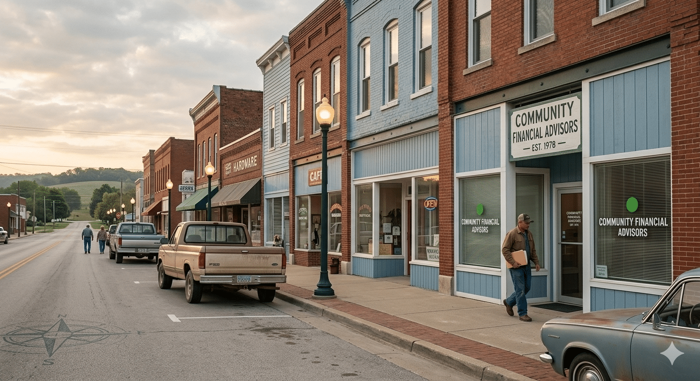 An understated, warm editorial landscape photo of a quiet rural Missouri small-town main street corner under a soft golden sunset light, capturing community trust.