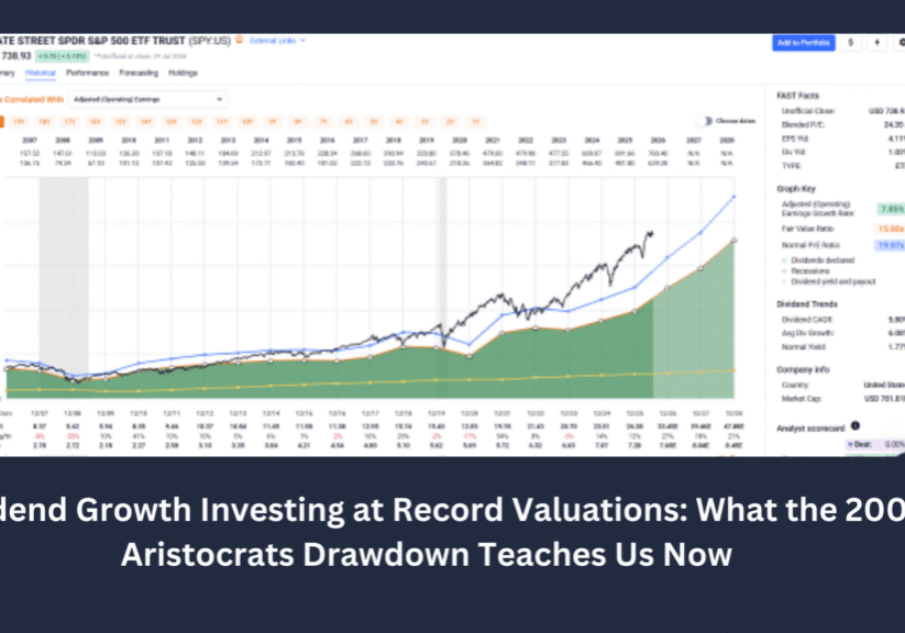 Graph showing SP500 index overvalued in July 2026 representing the concern Investment Advisory Daniel Gould has about the market with blog post title: Dividend Growth Investing at Record Valuations: What the 2008 Aristocrats Drawdown Teaches Us Now
