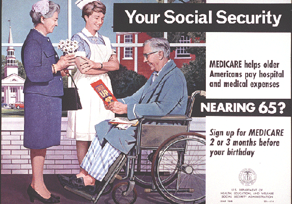 Vintage postcard showing a man and two nurses discussing social security and medicare benefits