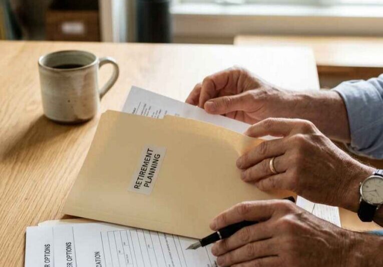 A close-up of a client reviewing a 'Retirement Planning' manila folder alongside 401(k) rollover options and an IRA application form on a wooden office desk, used in a guide by financial advisor Daniel Gould of Three Streams Financial in Overland Park, KS.