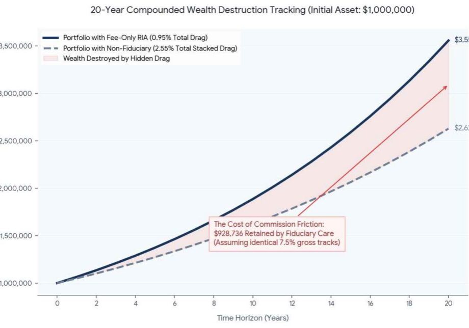 A 20-year financial chart tracking compounded wealth destruction and tax-cost ratio drag on a one million dollar portfolio, comparing a fee-only fiduciary RIA to a non-fiduciary advisor, presented by Daniel Gould of Three Streams Financial in Overland Park, KS.