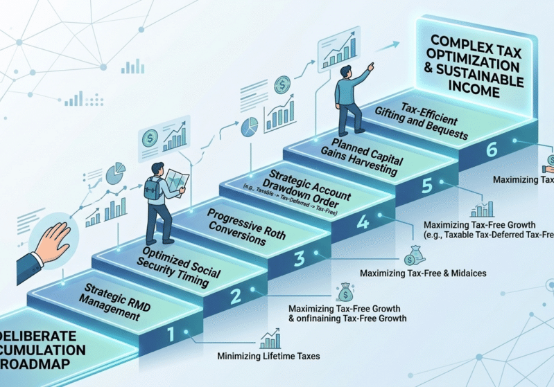 A professional isometric infographic depicting a 3D six-step illuminated staircase labeled "Deliberate Decumulation Roadmap." Figures ascend the steps, which represent systematic retirement milestones, including strategic RMD management, optimized Social Security timing, progressive Roth conversions, and strategic account drawdown order, leading to complex tax optimization and sustainable income.