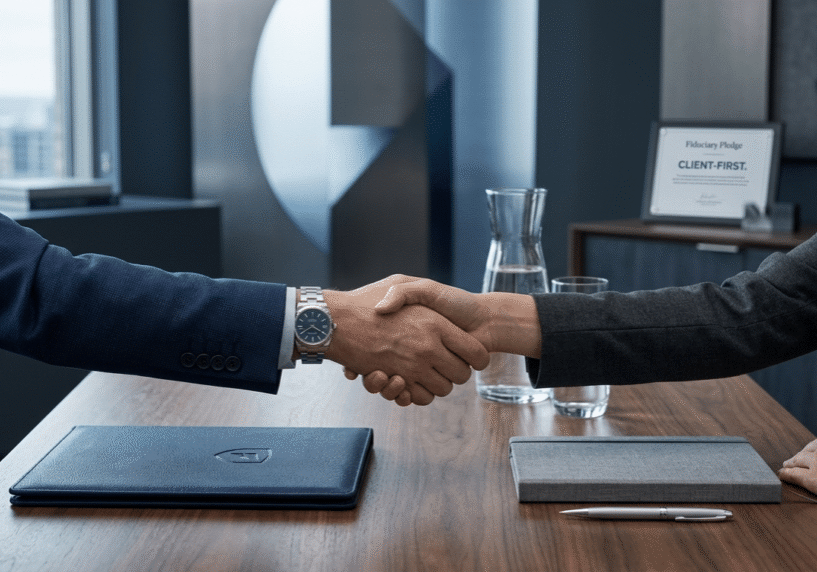 An understated, professional close-up of a client and a fiduciary wealth advisor shaking hands over an asset report during a financial planning consultation meeting.