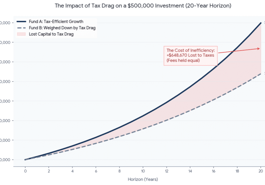Graph showing the effects of tax-cost ratio "tax drag" on two funds with vastly different ratios