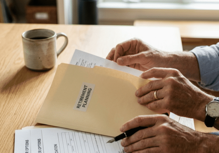 A person's hands at a desk, holding/reviewing a folder or documents with subtle references to "401(k)" and "IRA" paperwork, a pen, and a cup of coffee, with soft natural window light.