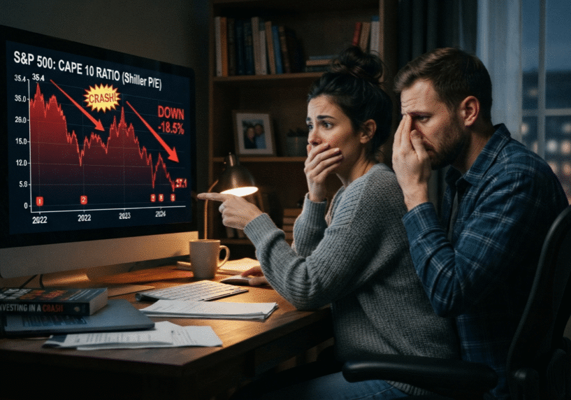 A young couple fearful of high stock market valuation represent by the Shiller Cape 10 on the monitor