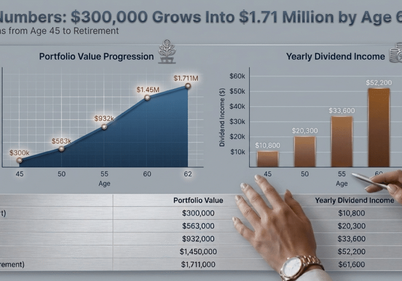 Graph showing the steady growth of a $300k dividend growth portfolio over a 17 year period representing Daniel Gould, Investment Advisor in Kansas