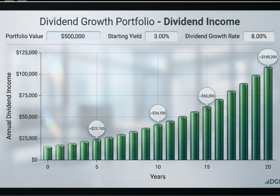 Bar chart illustrating the steady increase in annual dividend income from a $500,000 investment account over 20 years, visually demonstrating how dividend growth investing consistently outpaces inflation.