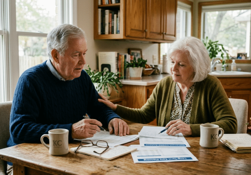 An older couple in a brightly lit kitchen calmly reviewing financial documents, illustrating proactive family wealth strategies and long-term care planning conversations for Kansas City pre-retirees.