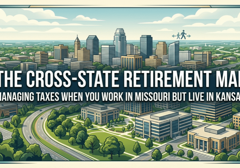 A wide daytime photo of the Overland Park, Kansas business skyline, treated with a smooth, 40% dark overlay to showcase centered, bold white overlay text reading "The Cross-State Retirement Map" and "Managing Taxes When You Work in Missouri But Live in Kansas."