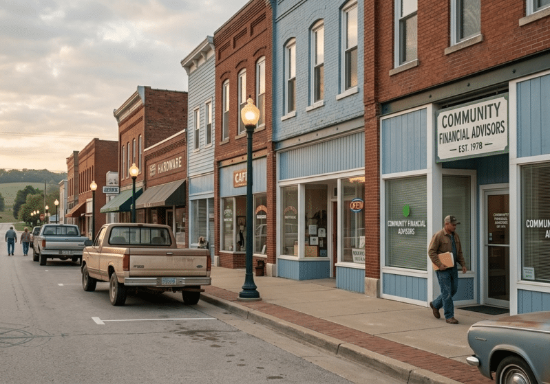 An understated, warm editorial landscape photo of a quiet rural Missouri small-town main street corner under a soft golden sunset light, capturing community trust.